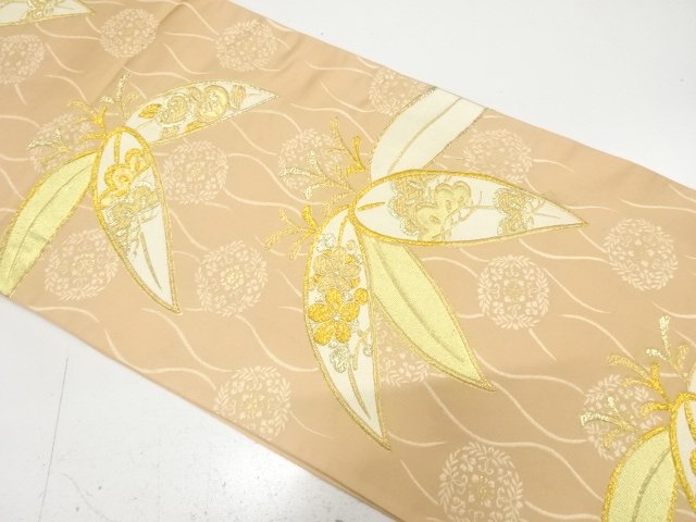 Antique Woven pouch obi with bamboo grass, kasamatsu, tachibana, and plum design